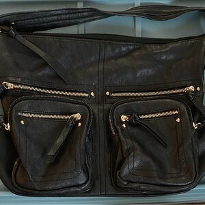 Urban Expressions Black Leather Multi-Pocket Shoulder Bag with Gold Hardware